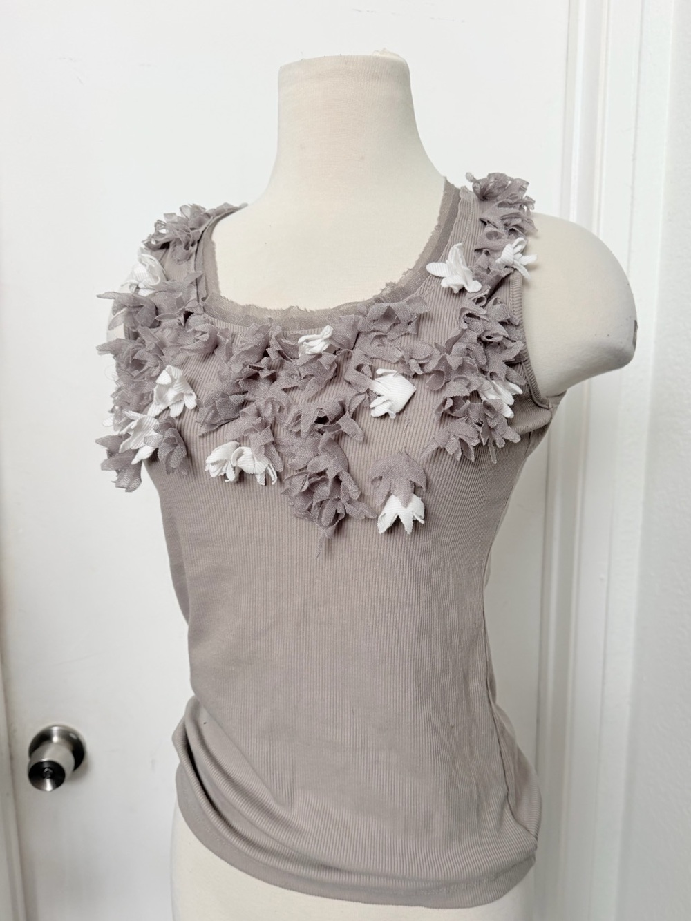INC International Concepts Taupe Floral Appliqué Tank Top